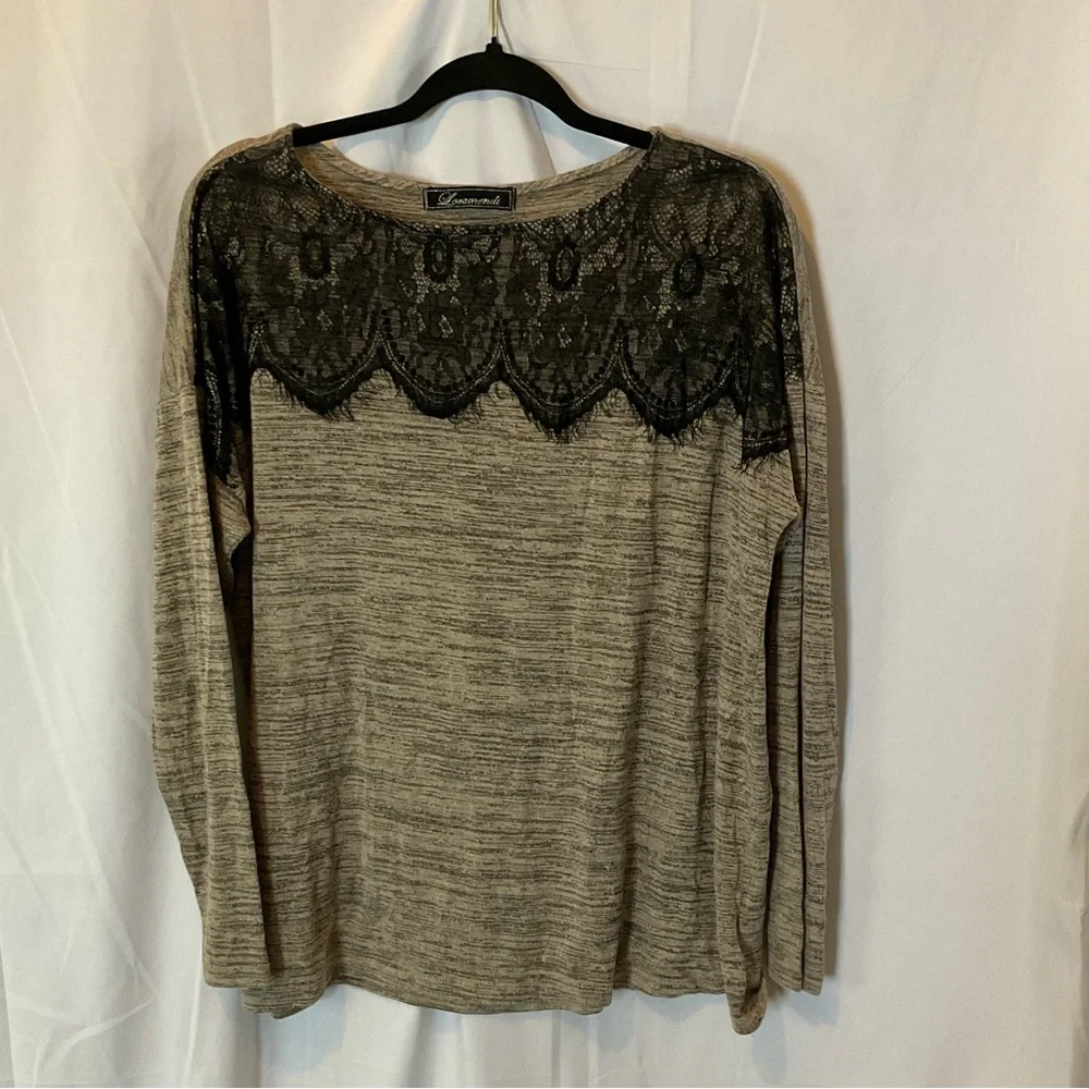 Loramendi Women’s Long Sleeve Heathered Oatmeal color with Black lace trim XL - Picture 1 of 16